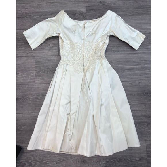 Vintage 1960s Paulines Bridal Shoppe Ivory Tea Length Wedding Dress XS Small - Picture 2 of 14